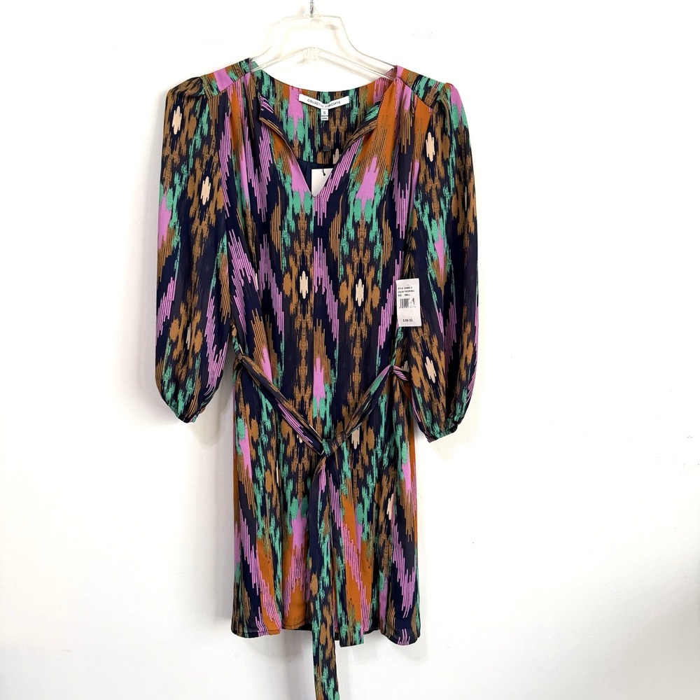 Collective Concepts Dress S Abstract Colorful Pullover 3/4 Sleeve Belt Work NEW